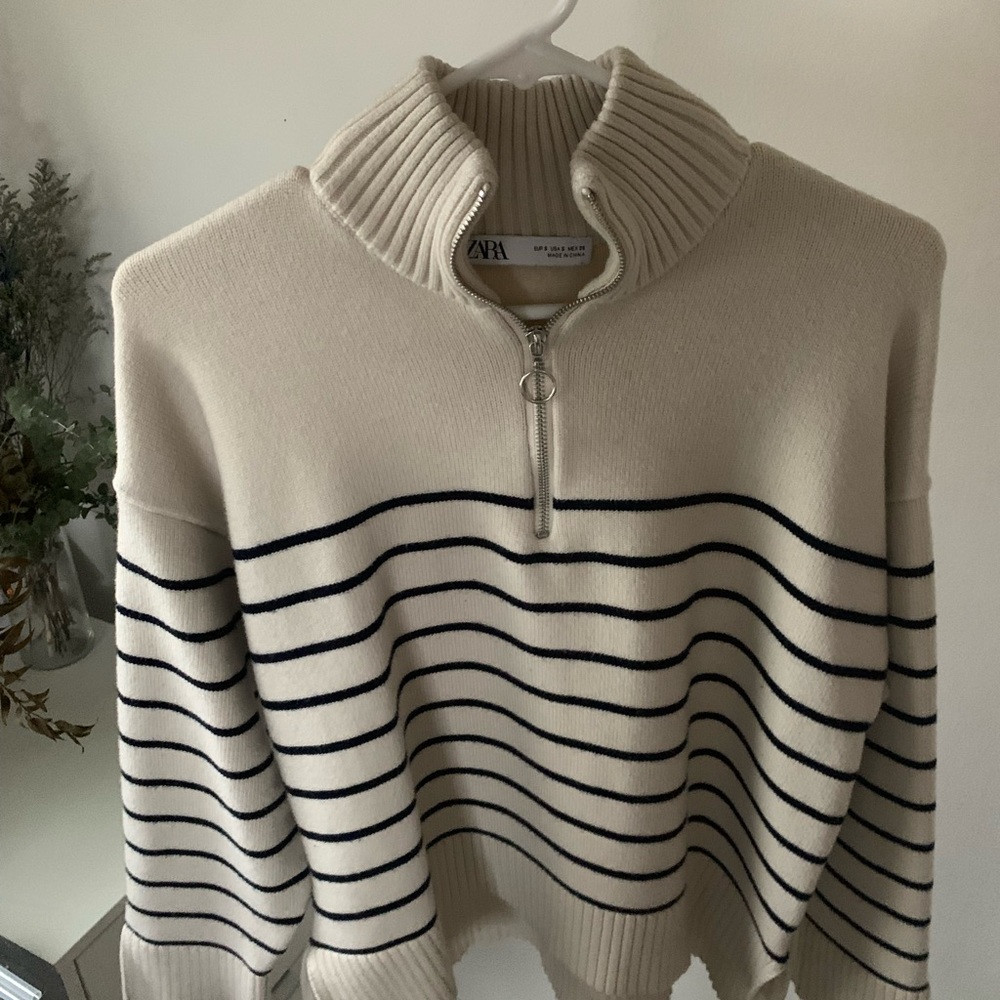 Zara Beige Striped Sweater half-zip